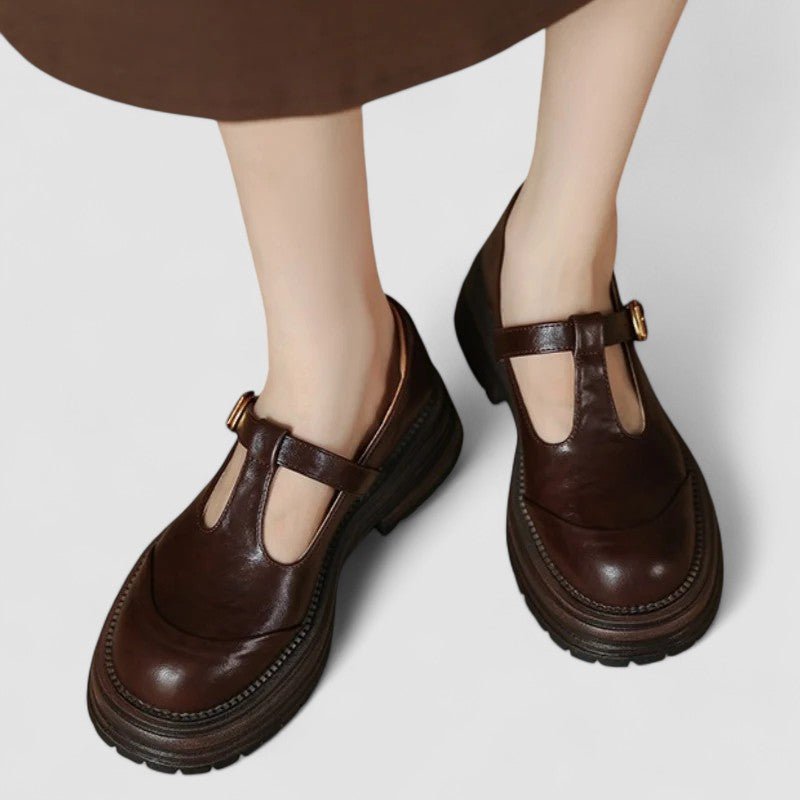 Women's Orthopedic Leather T-Strap Mary Jane Shoes - Brown
