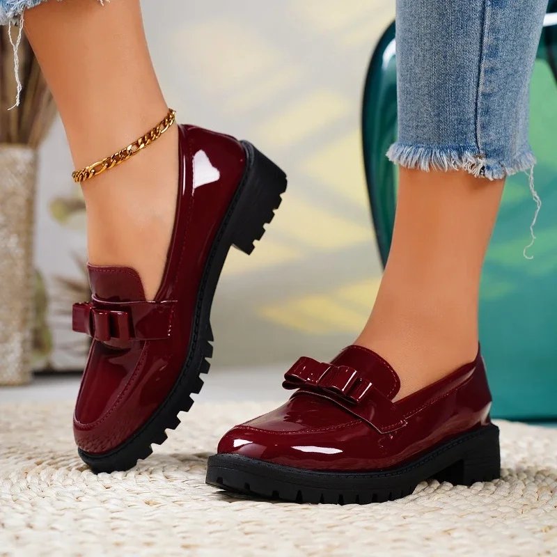 Women's Orthopedic Loafers Patent Leather Bow Slip-On - Burgundy