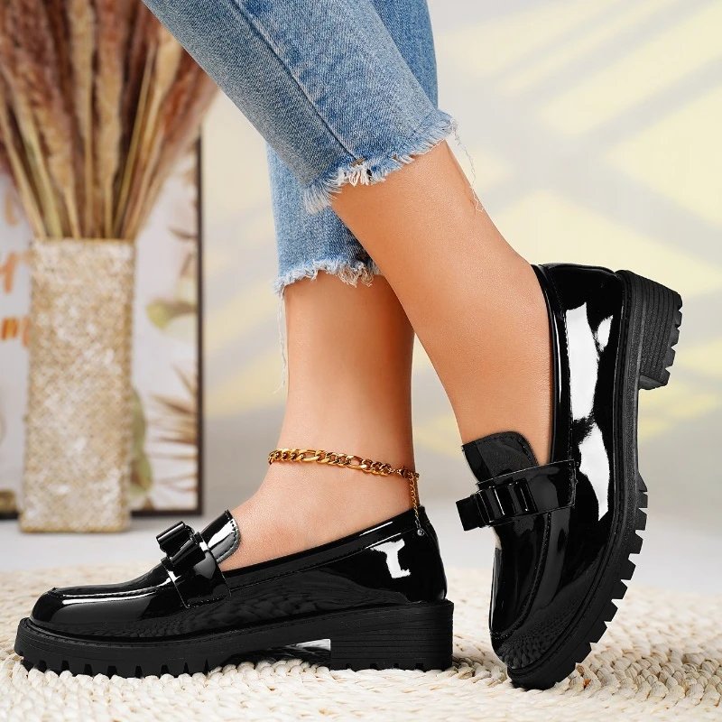 Women's Orthopedic Loafers Patent Leather Bow Slip-On - Black