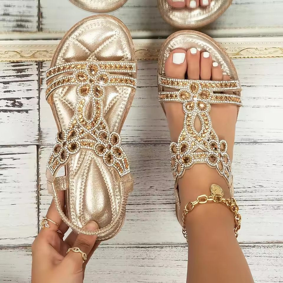 Women's Orthopedic Rhinestone Boho Summer Sandals - Goud