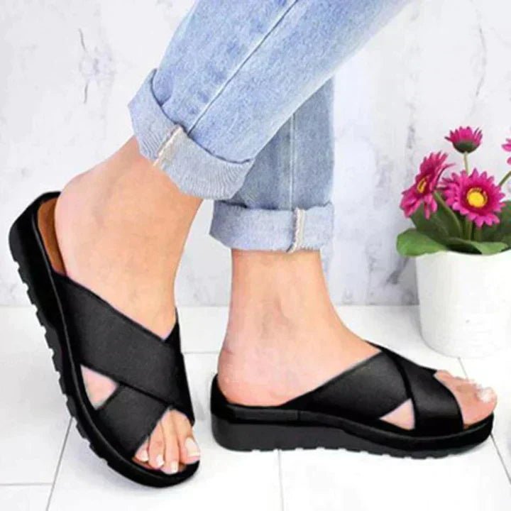 Women's Orthopedic Sandals Cross Strap Platform Comfort - Black
