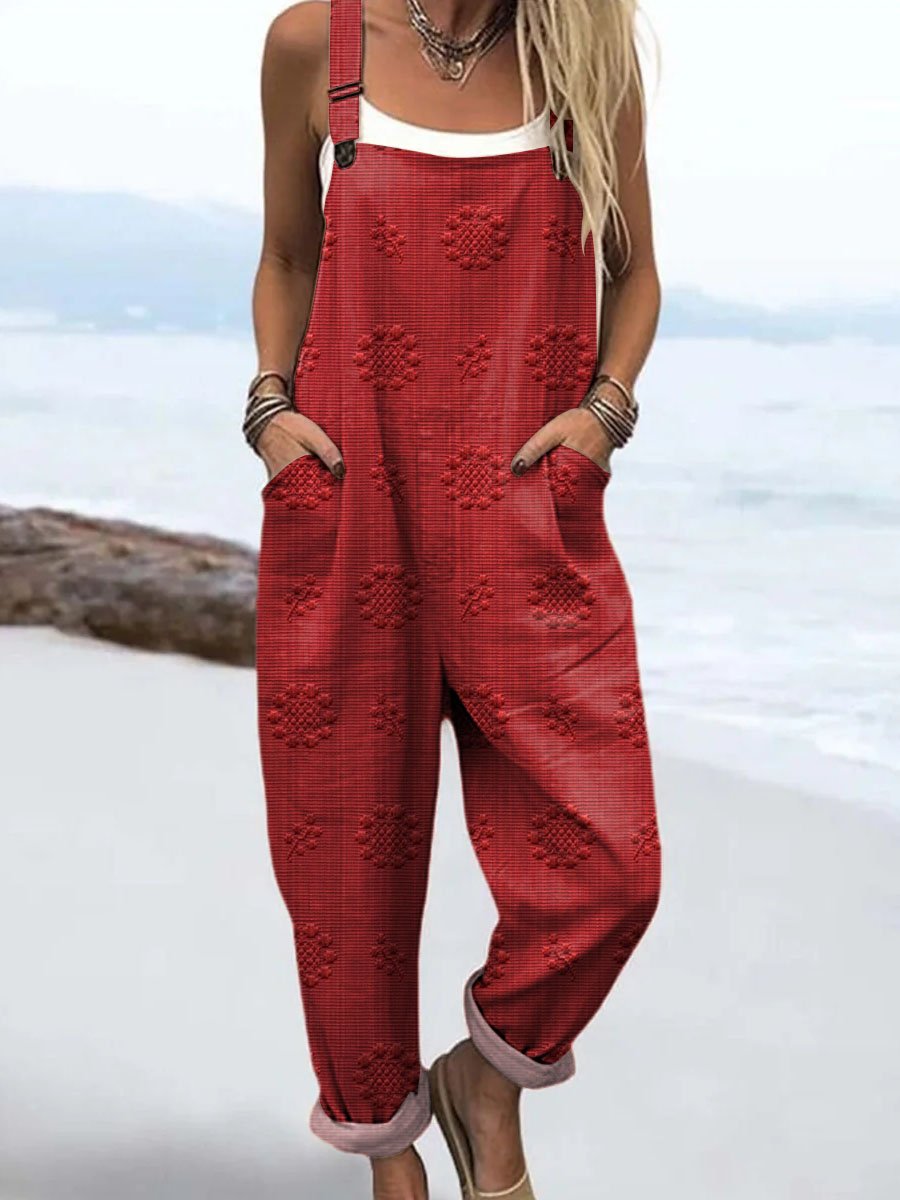 Women's Overall Jumpsuit Wide Leg Adjustable Straps Pockets - Red