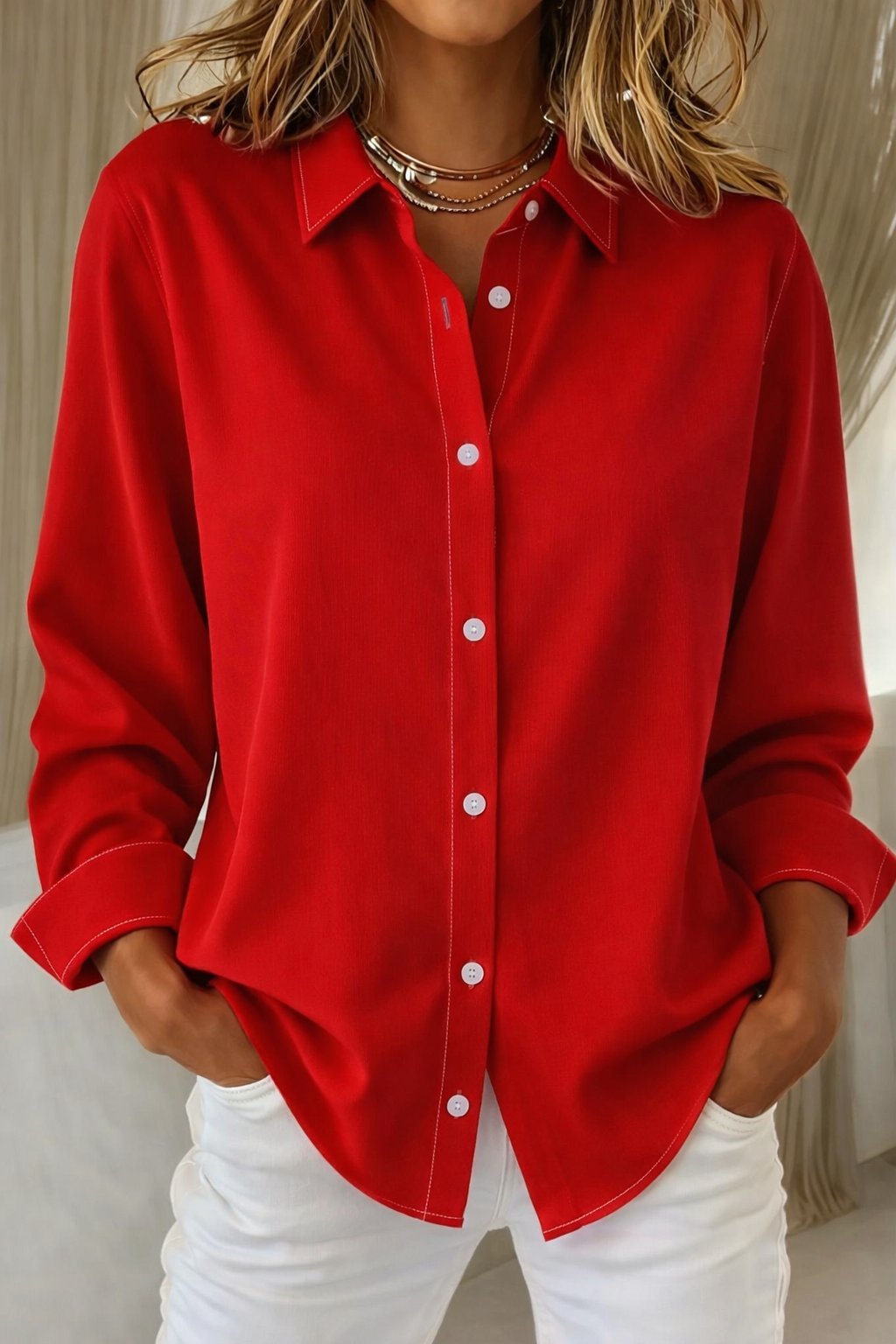Women's Oversized Button-Down Shirt - Red