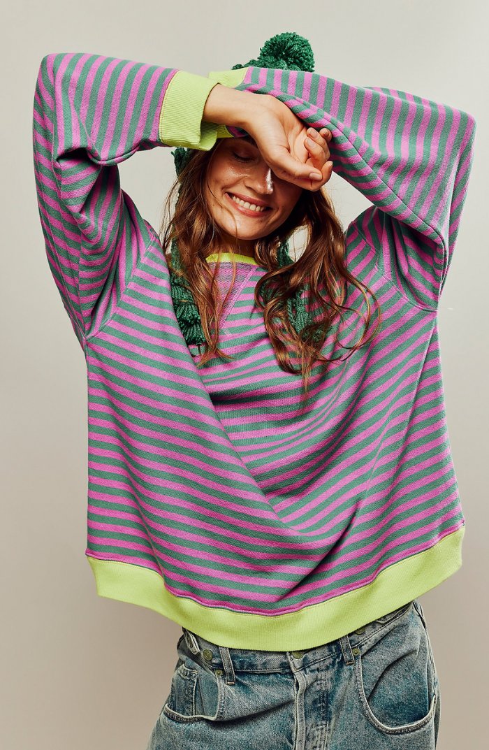 Women's Oversized Drop-Shoulder Striped Sweatshirt - Green & Pink