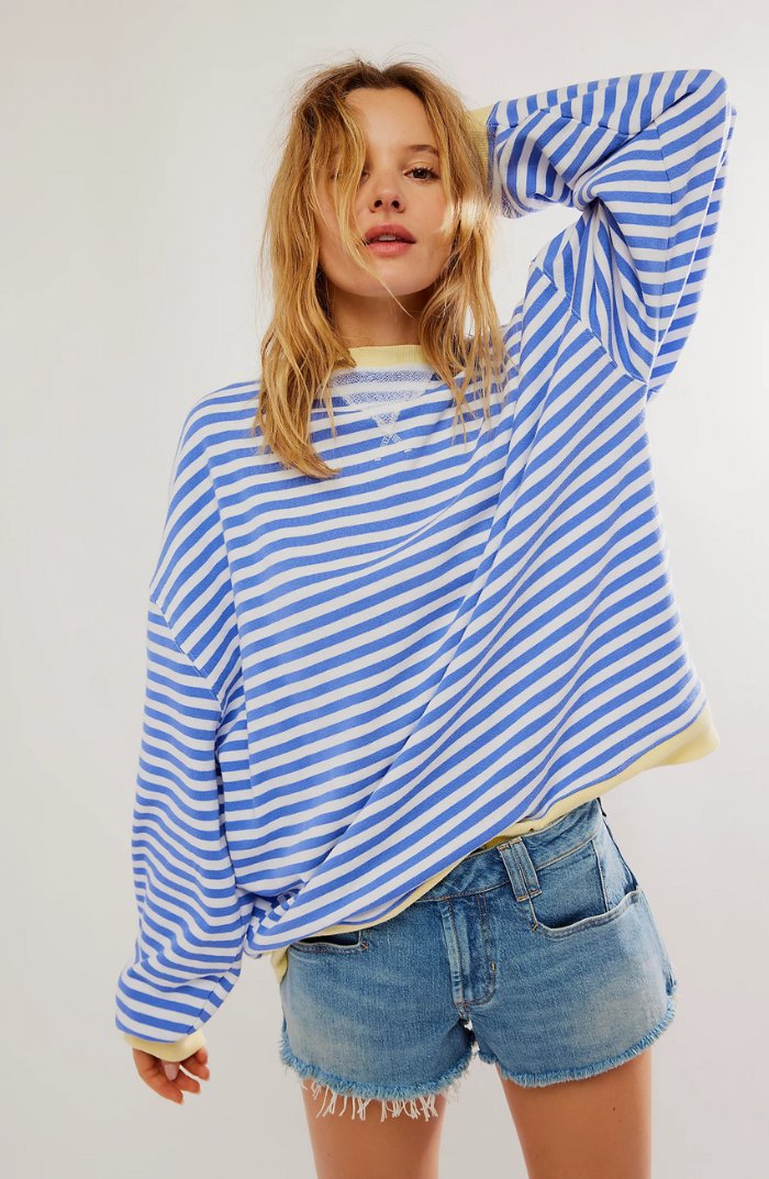 Women's Oversized Drop-Shoulder Striped Sweatshirt - Sky Blue