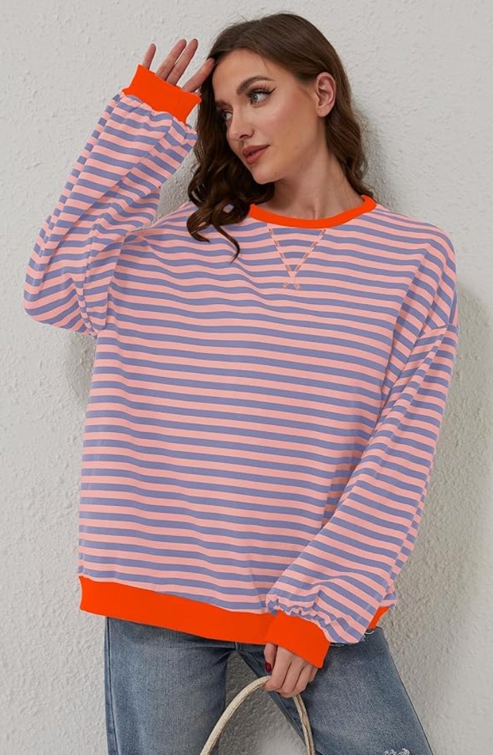 Women's Oversized Drop-Shoulder Striped Sweatshirt - Orange & Blue