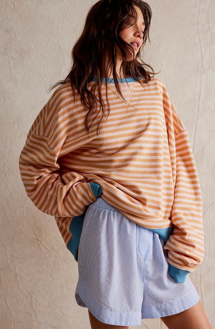 Women's Oversized Drop-Shoulder Striped Sweatshirt - Orange Stripes