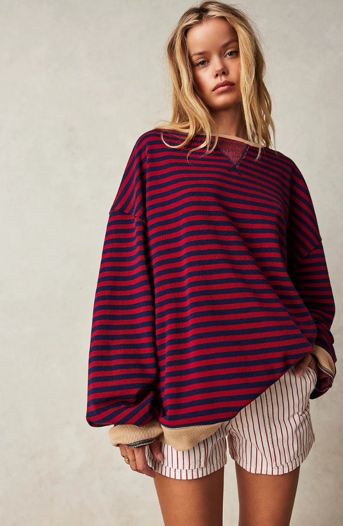 Women's Oversized Drop-Shoulder Striped Sweatshirt - Black & Red