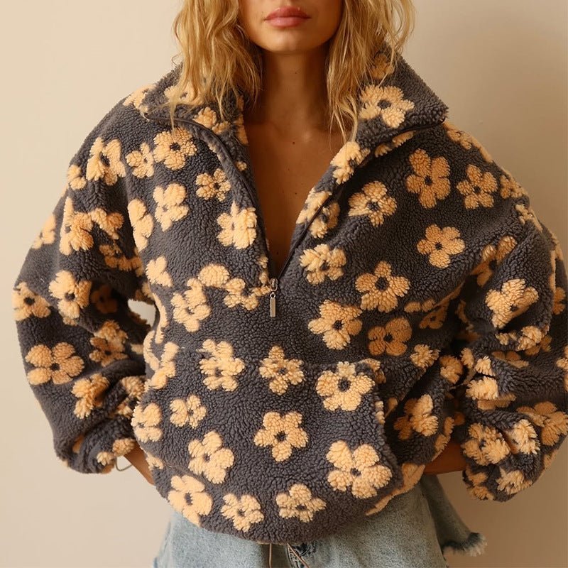 Women's Oversized Floral Teddy Fleece Half-Zip Jacket - Yellow