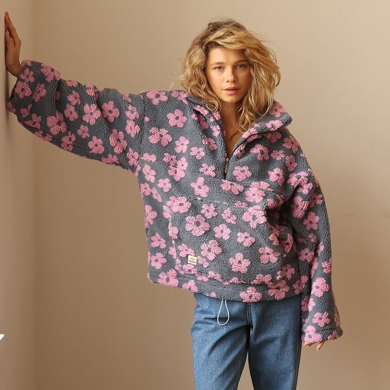 Women's Oversized Floral Teddy Fleece Half-Zip Jacket