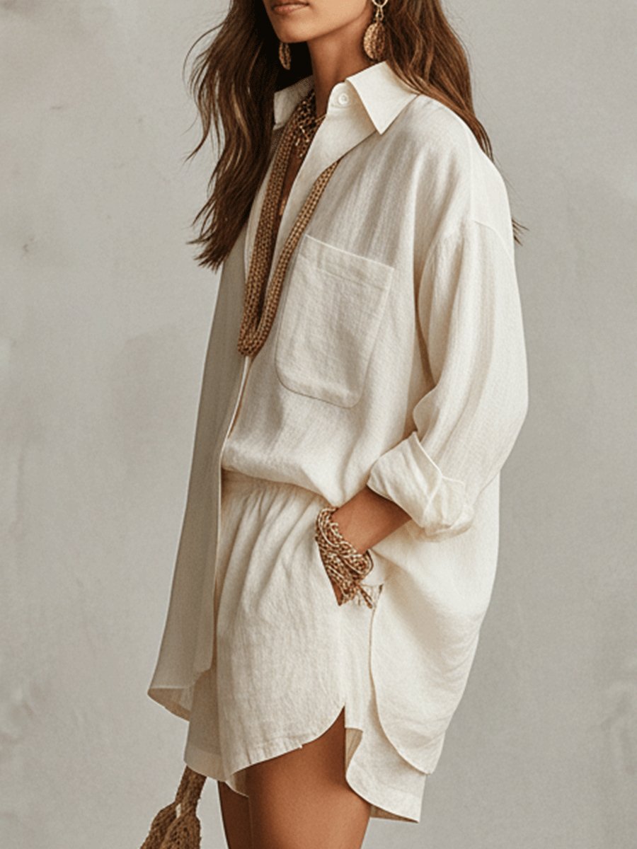 Women's Oversized Linen Button-Down Shirt Shorts Set