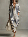 Women's Oversized Linen Striped Long Sleeve Maxi Shirt Dress - Blue