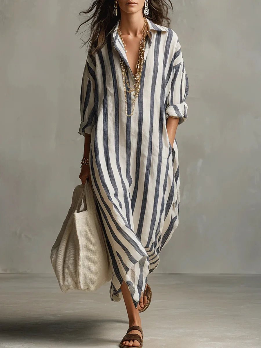 Women's Oversized Linen Striped Long Sleeve Maxi Shirt Dress - Blue