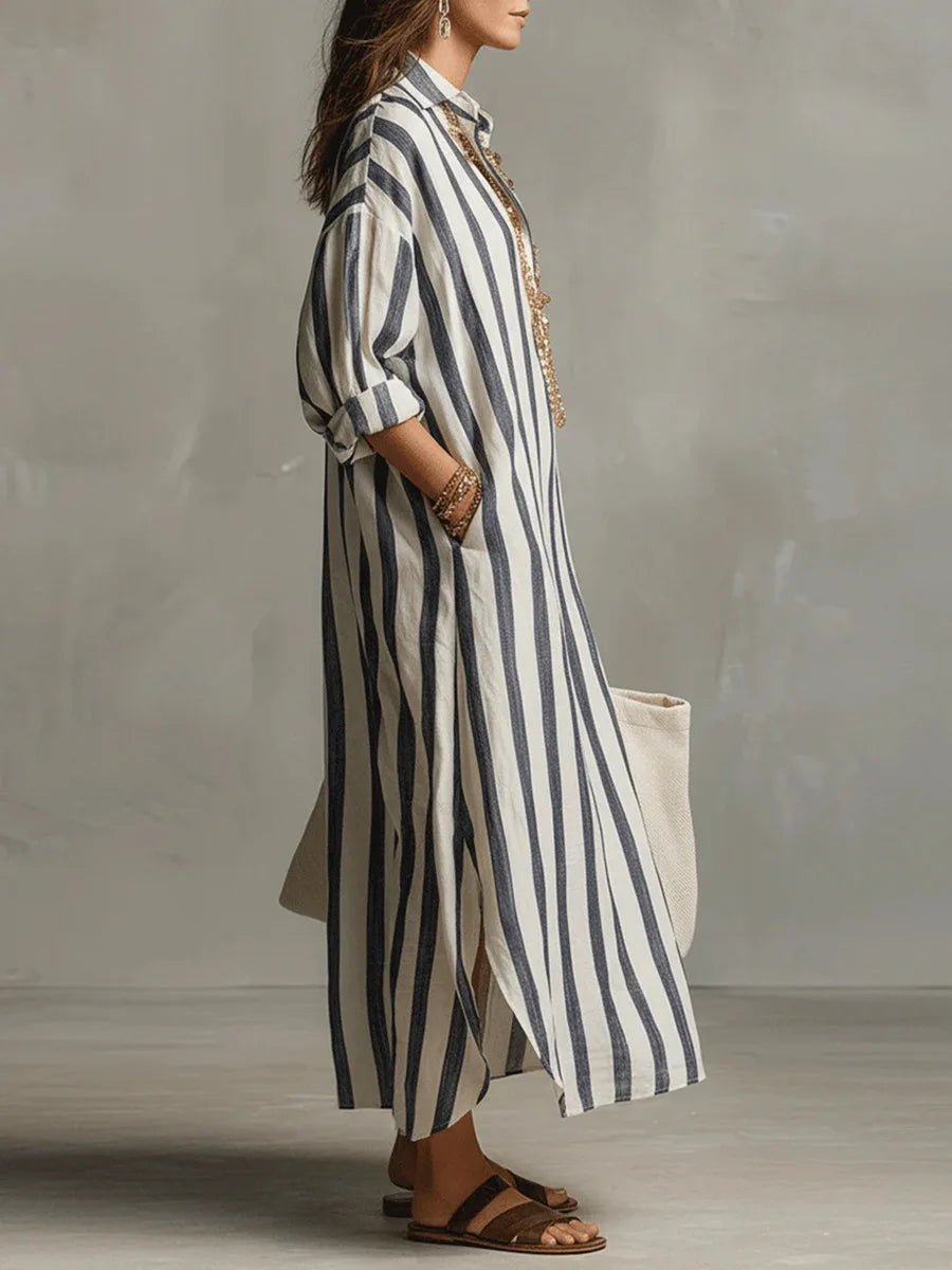 Women's Oversized Linen Striped Long Sleeve Maxi Shirt Dress