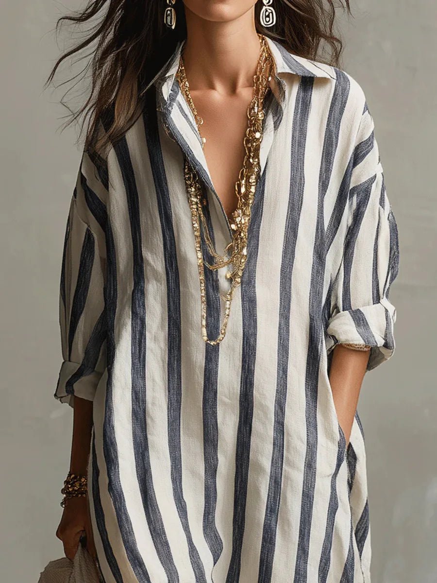 Women's Oversized Linen Striped Long Sleeve Maxi Shirt Dress