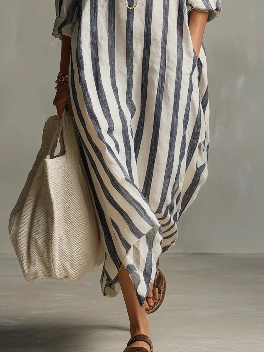 Women's Oversized Linen Striped Long Sleeve Maxi Shirt Dress