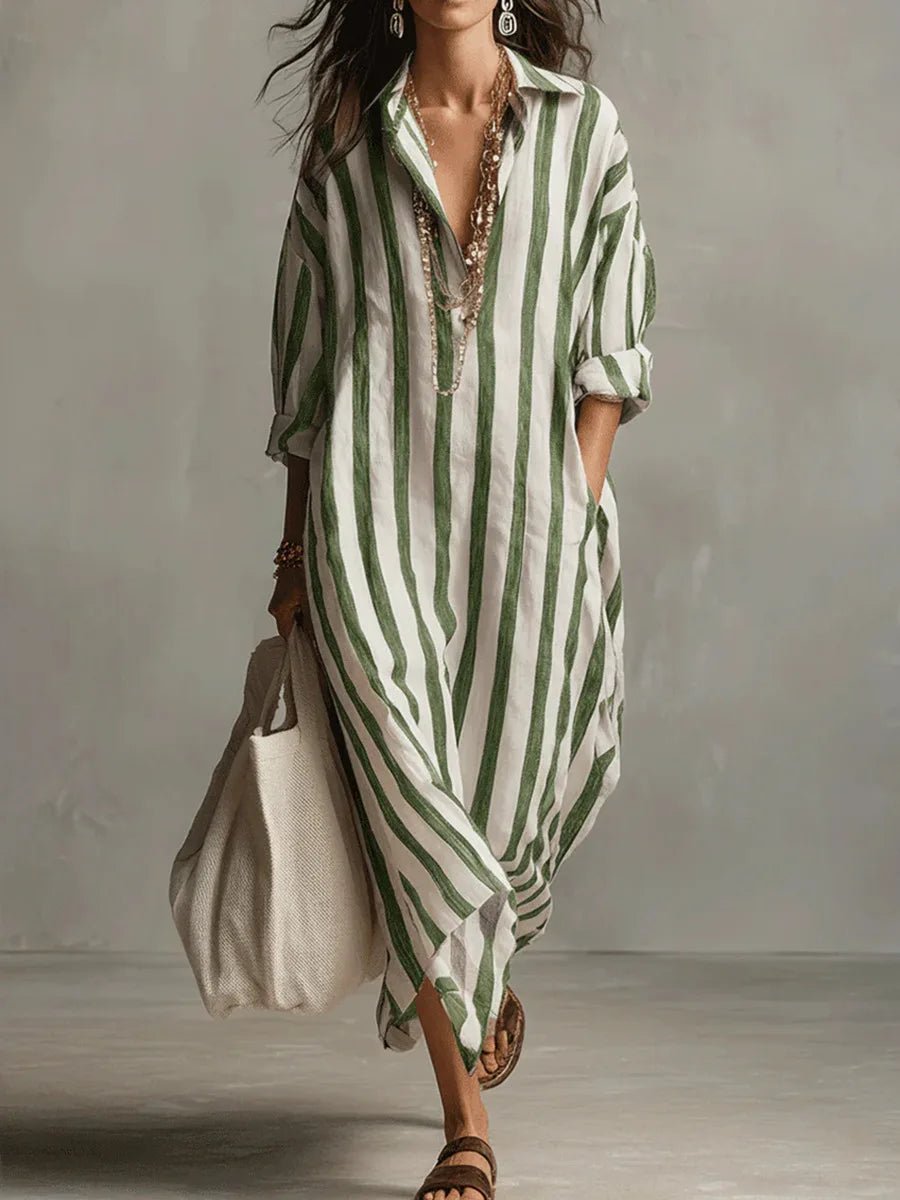 Women's Oversized Linen Striped Long Sleeve Maxi Shirt Dress - Green
