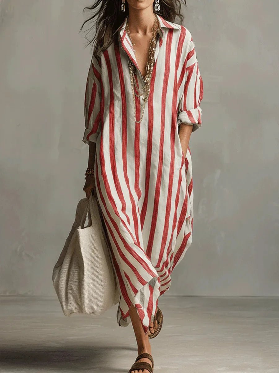 Women's Oversized Linen Striped Long Sleeve Maxi Shirt Dress - Red