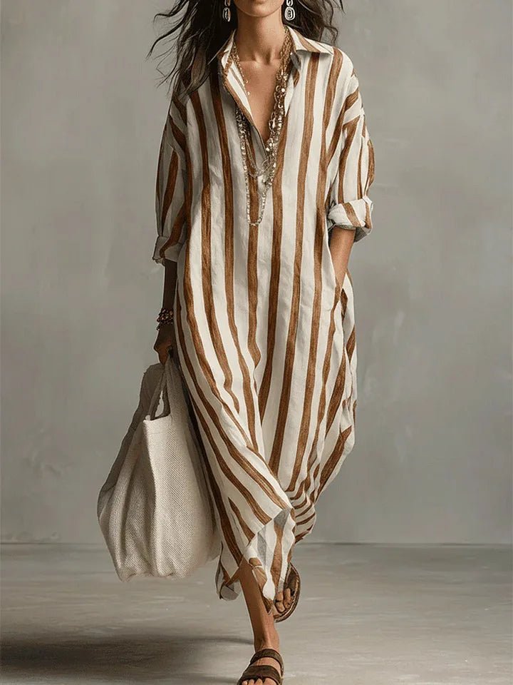 Women's Oversized Linen Striped Long Sleeve Maxi Shirt Dress - Earthy Yellow