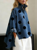 Women's Oversized Polka Dot Mock Collar Long Sleeve Shirt - Blue