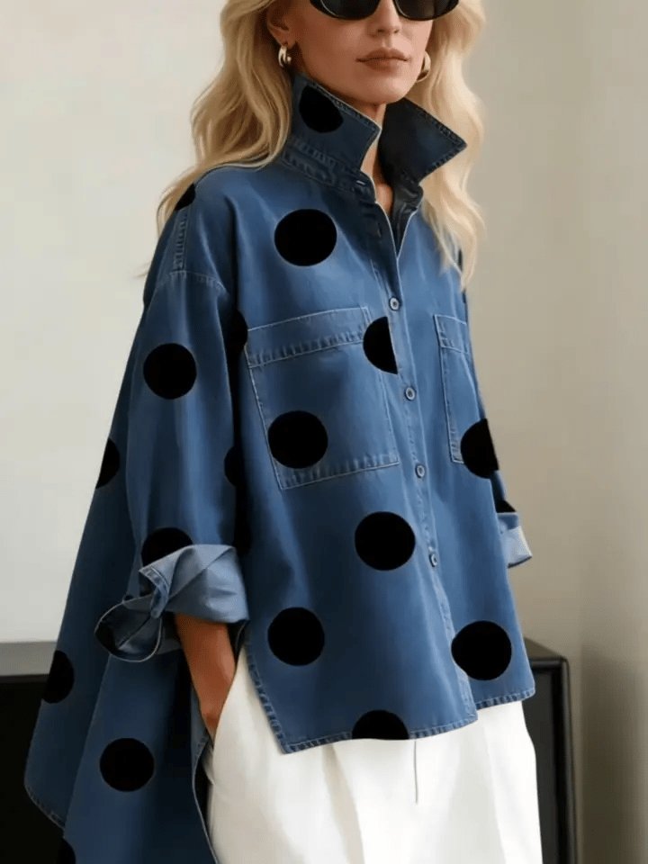 Women's Oversized Polka Dot Mock Collar Long Sleeve Shirt