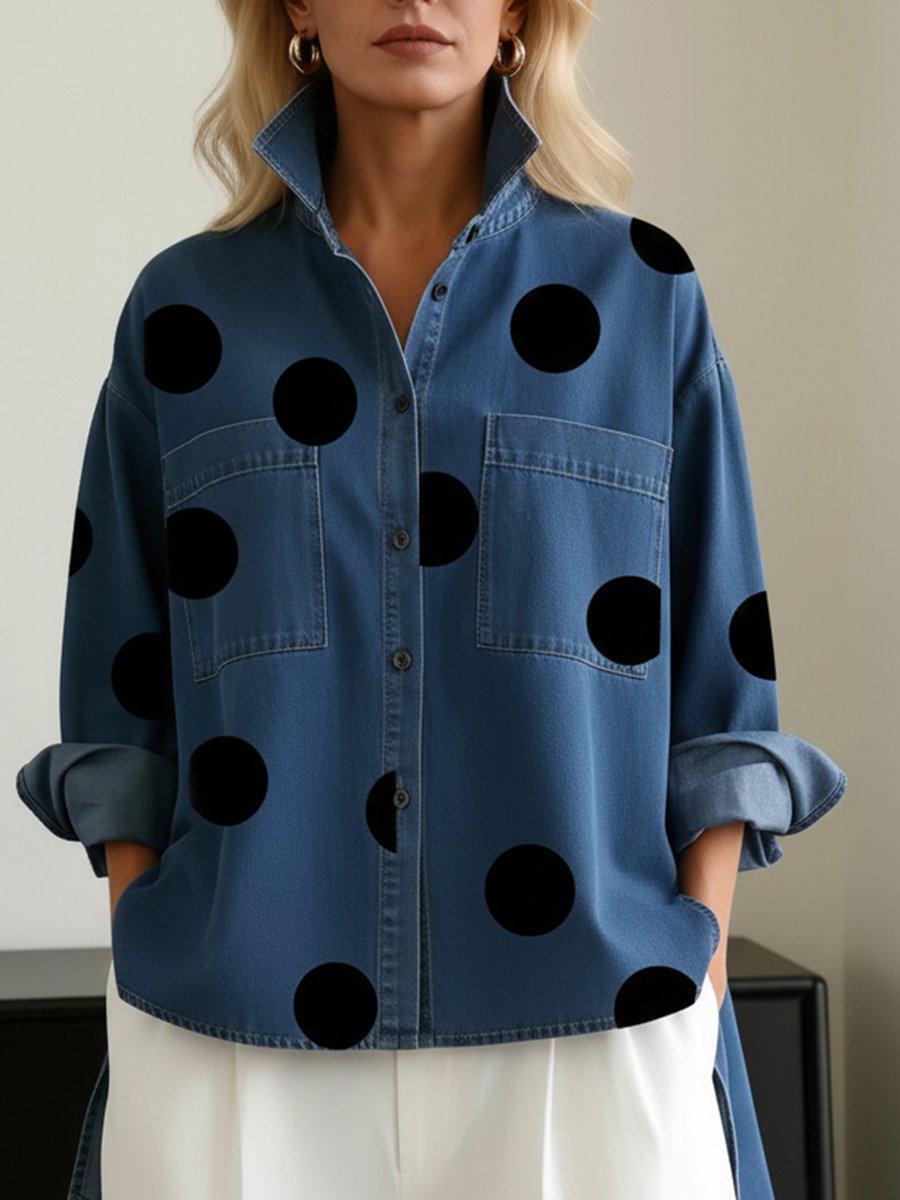 Women's Oversized Polka Dot Mock Collar Long Sleeve Shirt