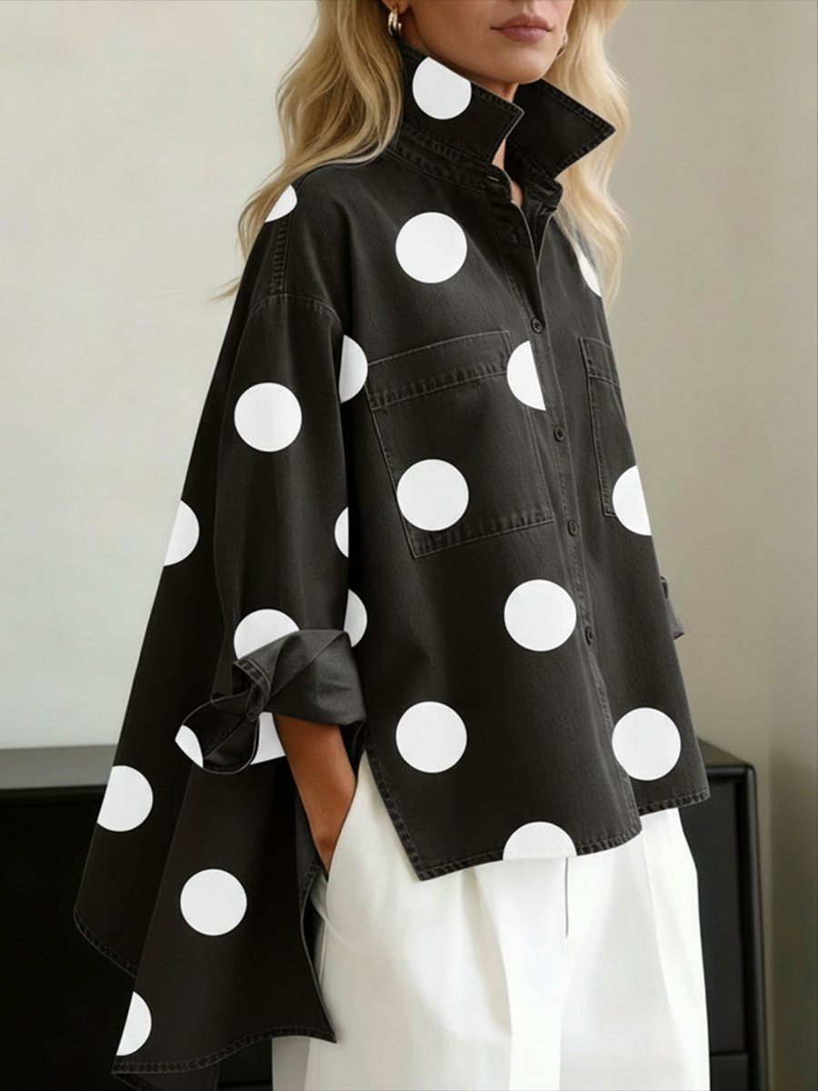 Women's Oversized Polka Dot Mock Collar Long Sleeve Shirt - Black