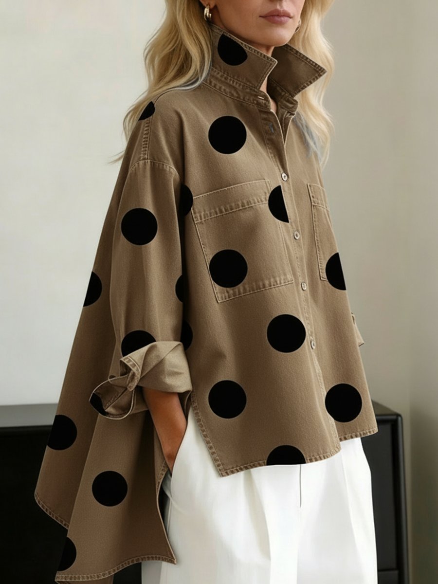 Women's Oversized Polka Dot Mock Collar Long Sleeve Shirt - Khaki