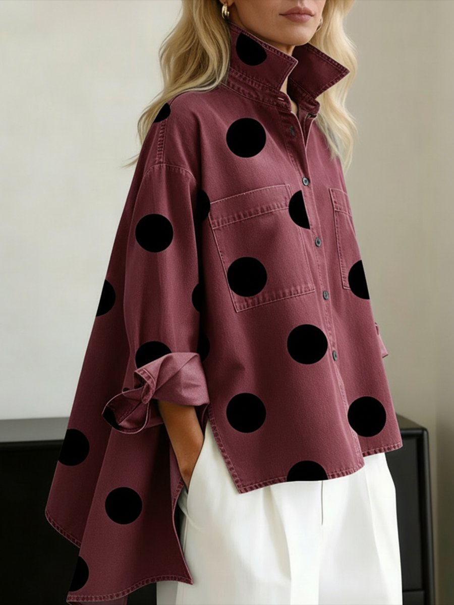 Women's Oversized Polka Dot Mock Collar Long Sleeve Shirt - Red