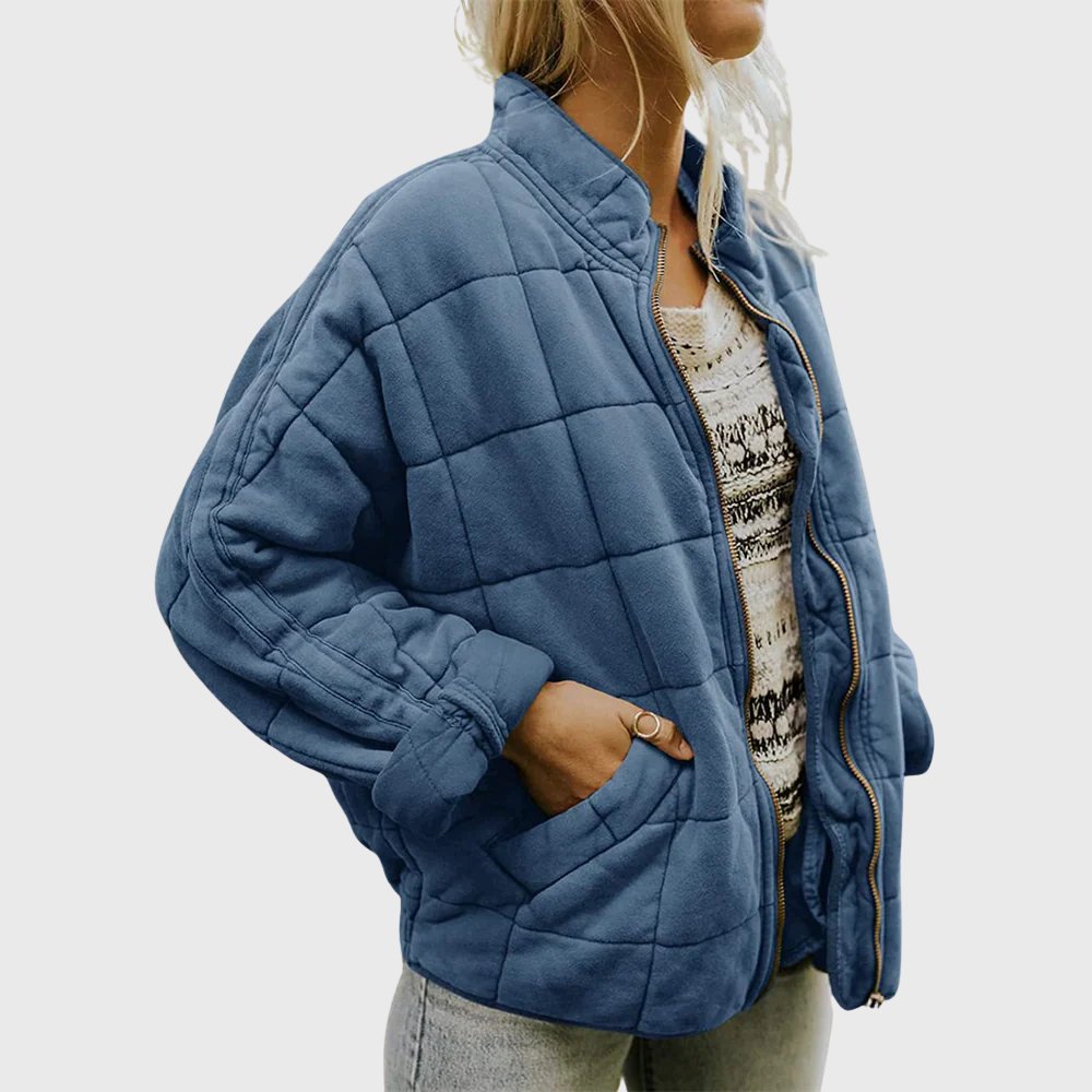 Women's Oversized Quilted Zip-Up Bomber Jacket - Blue
