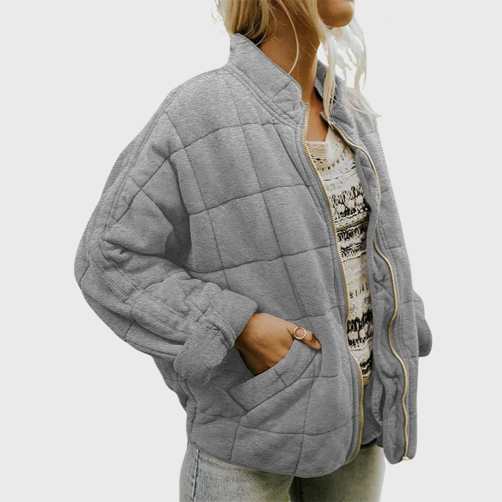 Women's Oversized Quilted Zip-Up Bomber Jacket - Gray