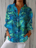 Women's Peacock Feather Print Button-Front Long Sleeve Blouse - Multicolor