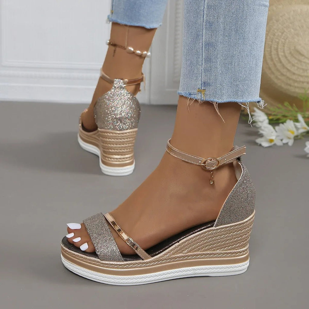 Women's Platform Wedge Sandals Ankle Strap Espadrille - Rose Gold