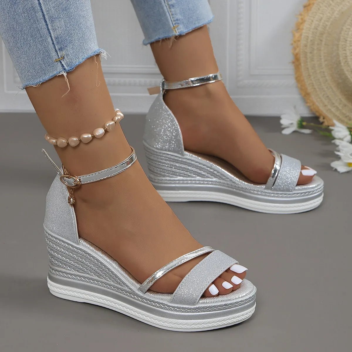 Women's Platform Wedge Sandals Ankle Strap Espadrille - Silver