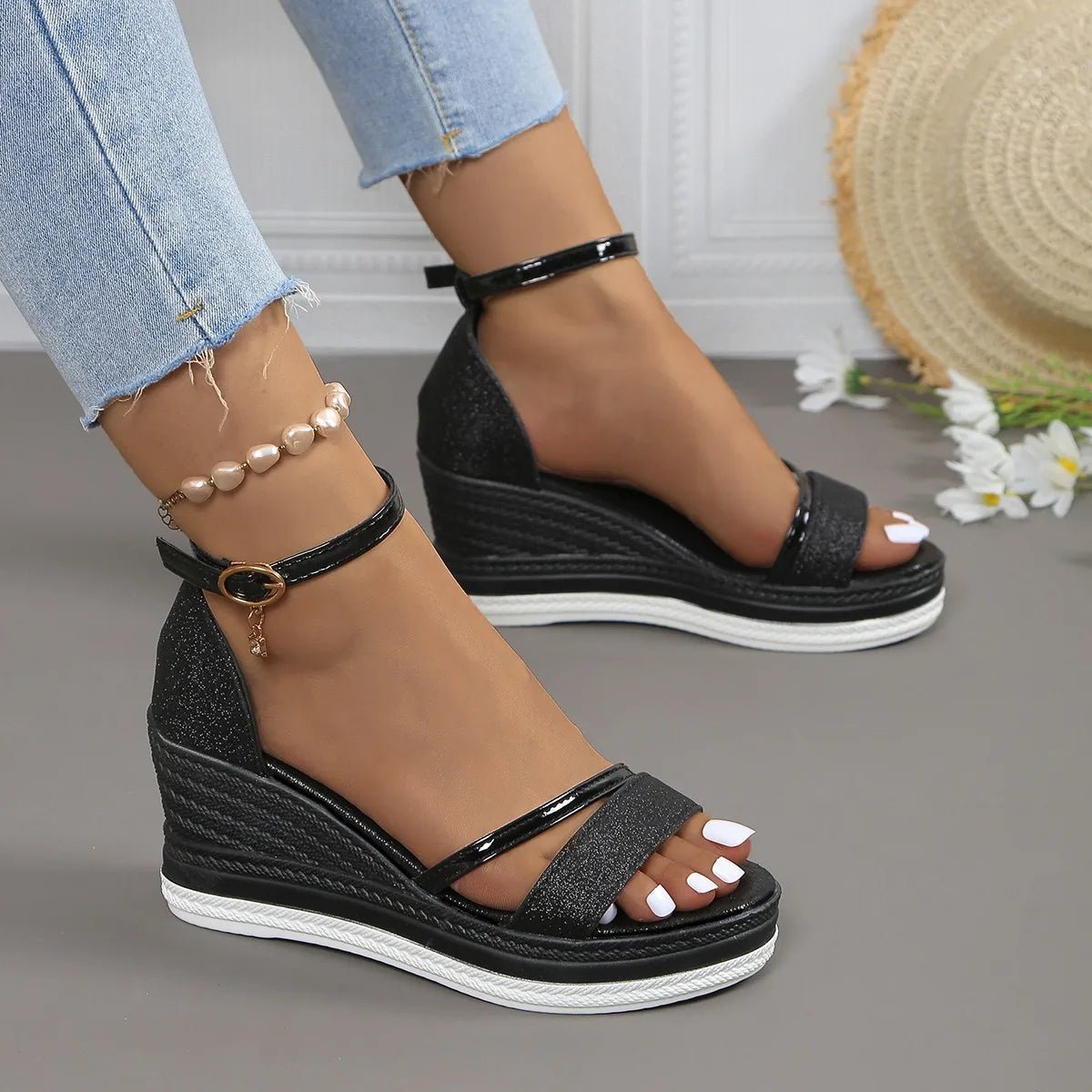 Women's Platform Wedge Sandals Ankle Strap Espadrille - Black