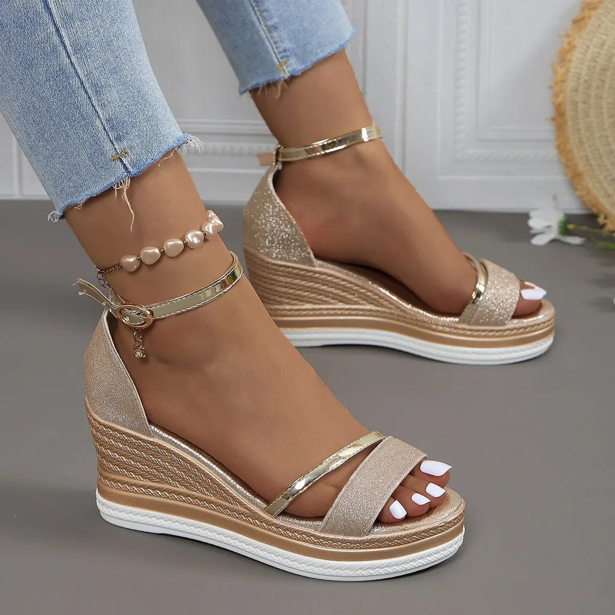 Women's Platform Wedge Sandals Ankle Strap Espadrille - Gold