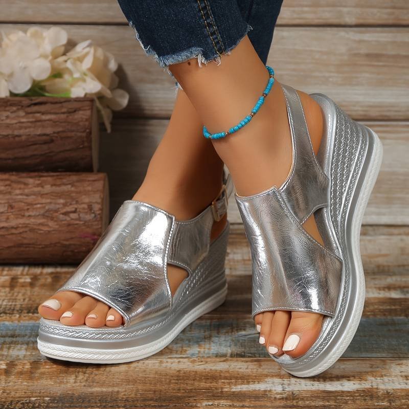 Women's Platform Wedge Sandals Metallic Slingback - Silver