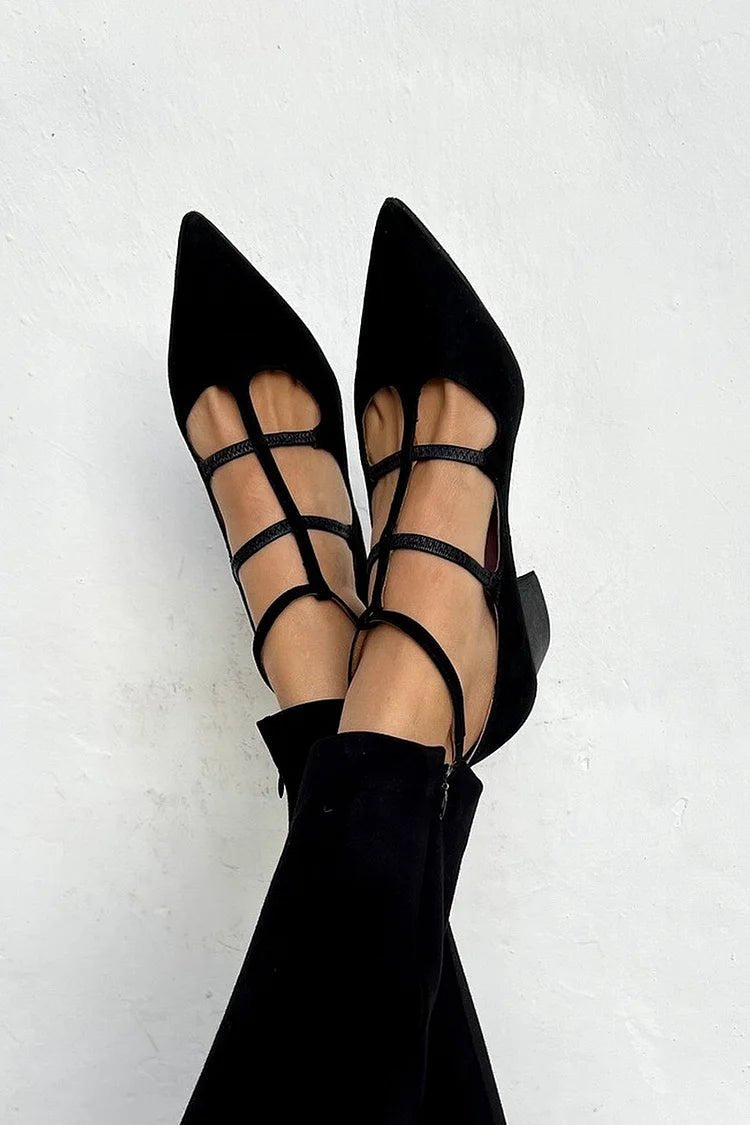Women's Pointed-Toe Strappy Mid-Heel Pumps - Black