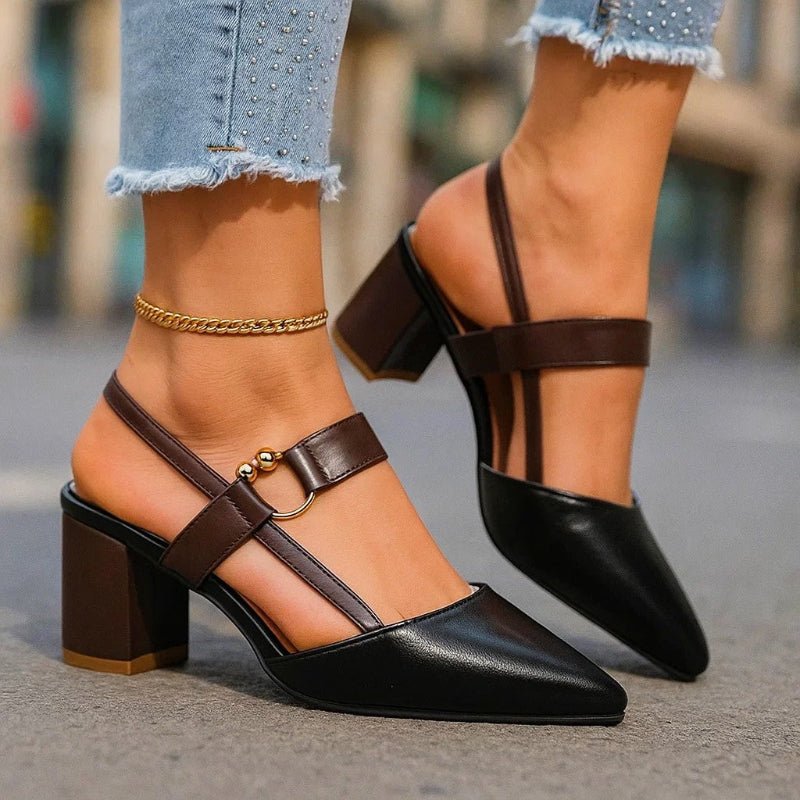 Women's Pointed Toe T-Strap Block Heel Pumps - Black