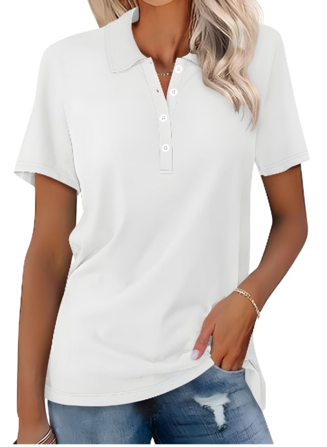 Women's Polo Shirt Classic Pique Short Sleeve Button Collar - White