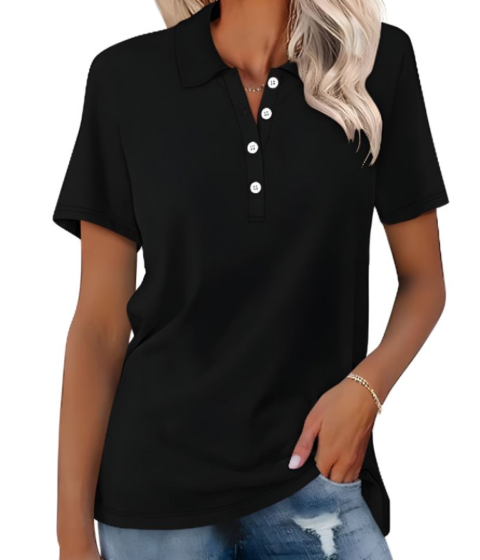 Women's Polo Shirt Classic Pique Short Sleeve Button Collar - Black