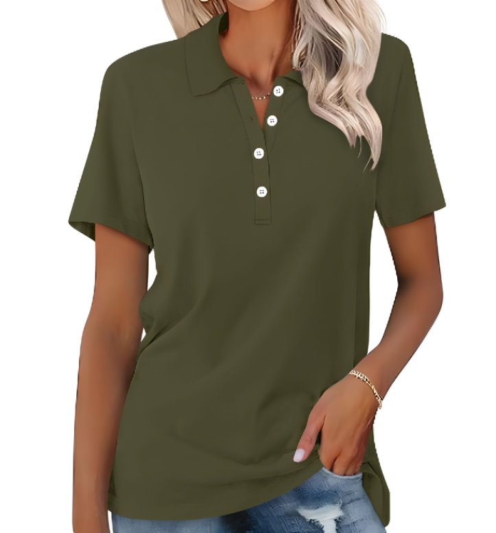 Women's Polo Shirt Classic Pique Short Sleeve Button Collar - Dark Green
