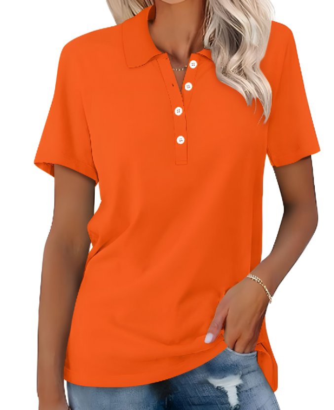 Women's Polo Shirt Classic Pique Short Sleeve Button Collar - Orange