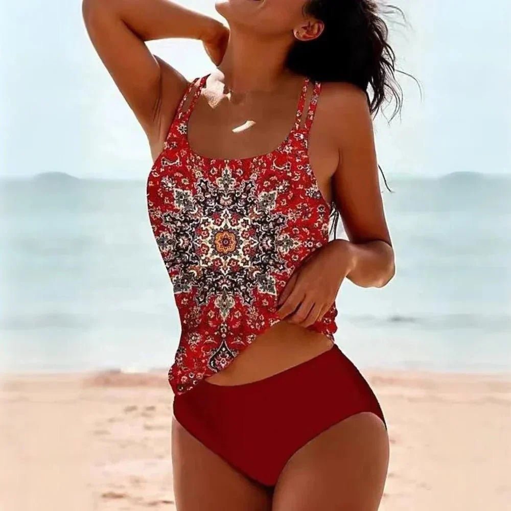 Women's Printed Two-Piece High-Waisted Tankini - Red