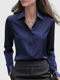 Women's Professional Satin Button-Down Shirt Concealed Placket - Navy Blue