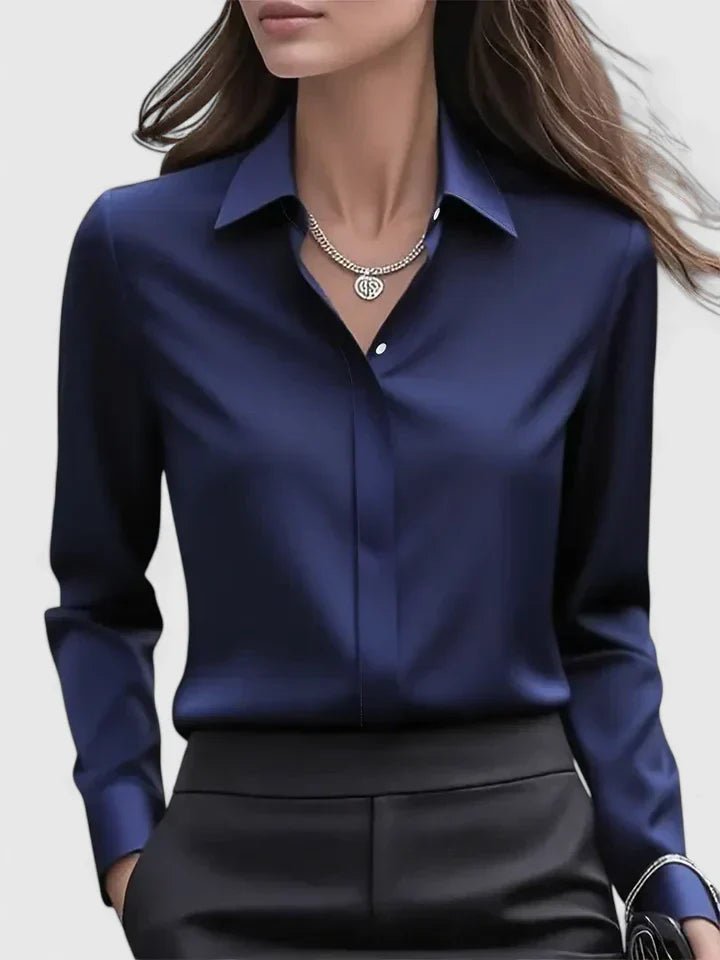 Women's Professional Satin Button-Down Shirt Concealed Placket - Navy Blue