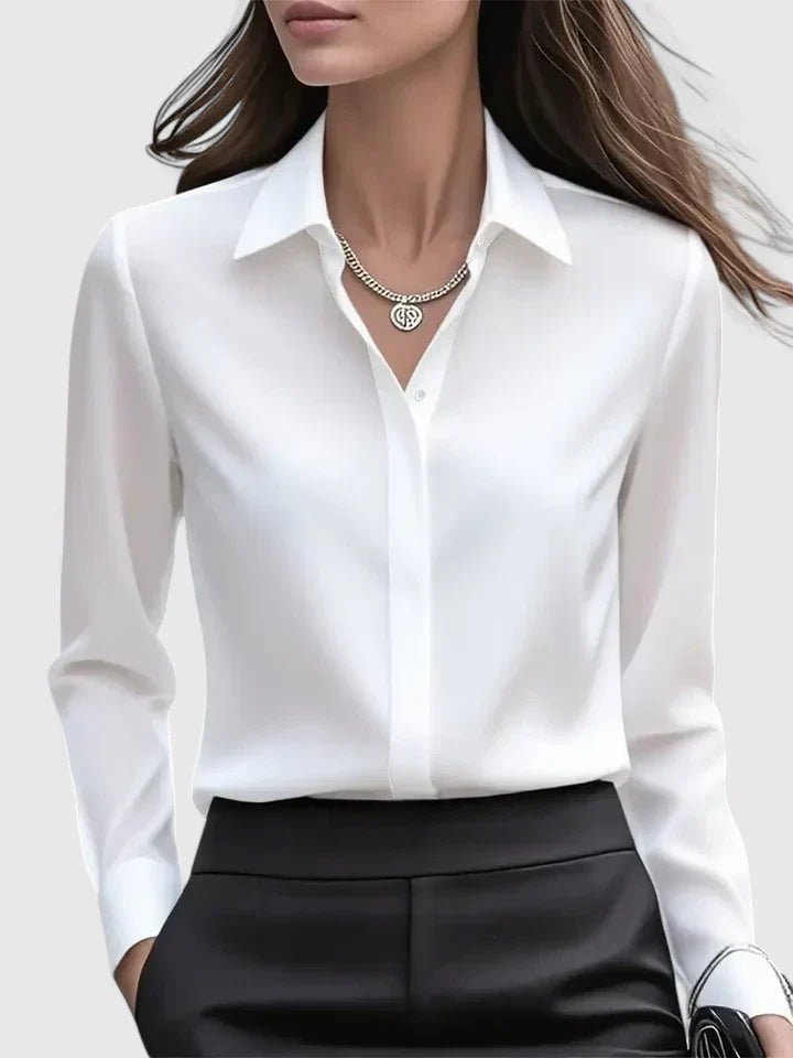 Women's Professional Satin Button-Down Shirt Concealed Placket - White