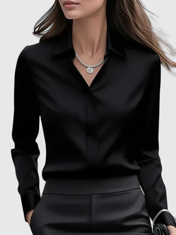 Women's Professional Satin Button-Down Shirt Concealed Placket - Black