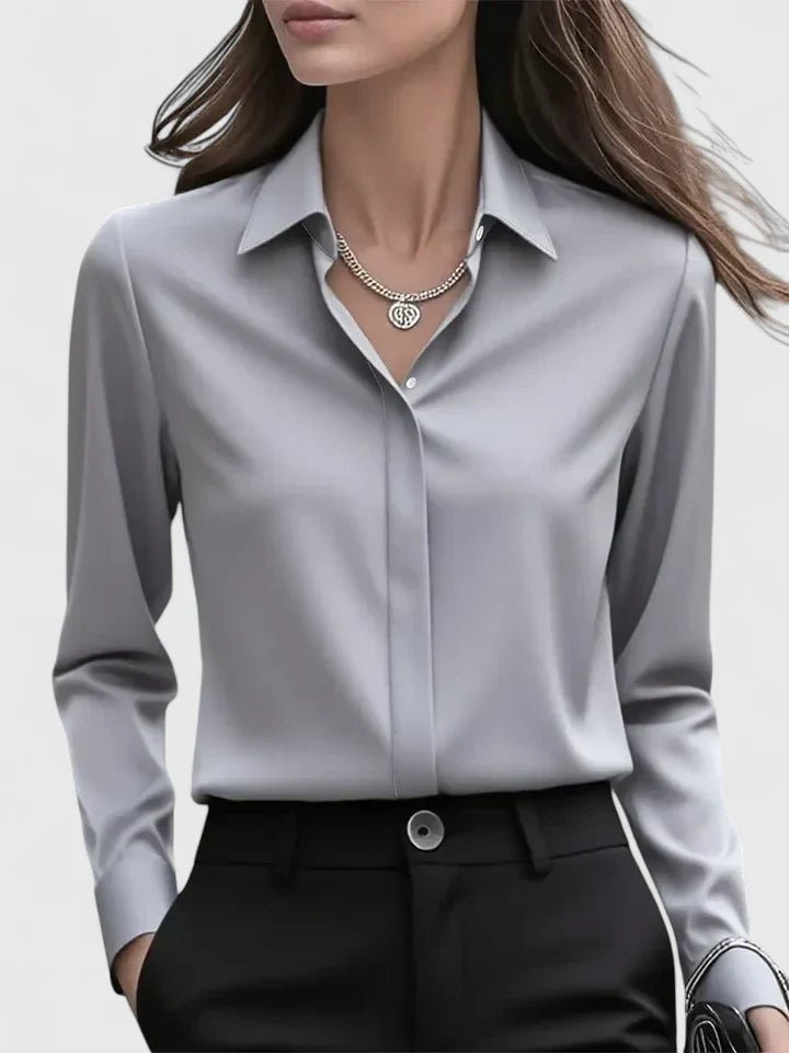 Women's Professional Satin Button-Down Shirt Concealed Placket - Gray