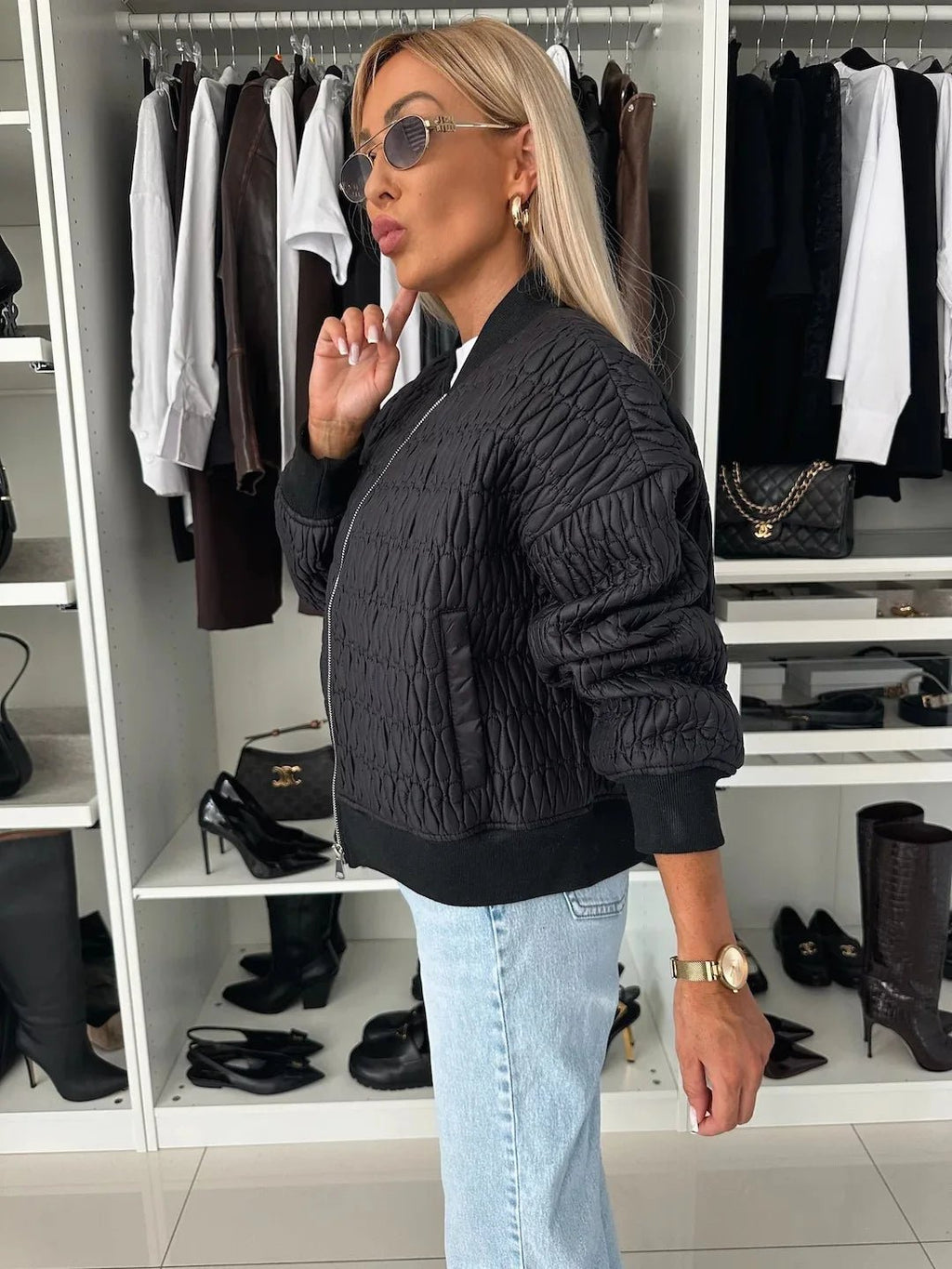 Women's Quilted Bomber Jacket Zip Front Diamond Pattern - Black